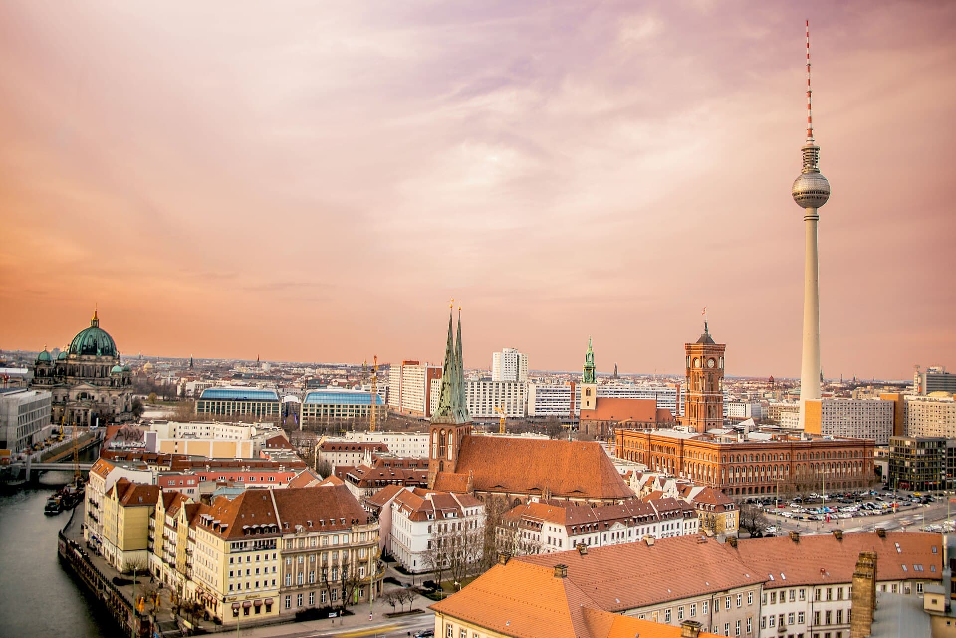 Berlin at dusk, with the television tower above the rooftops