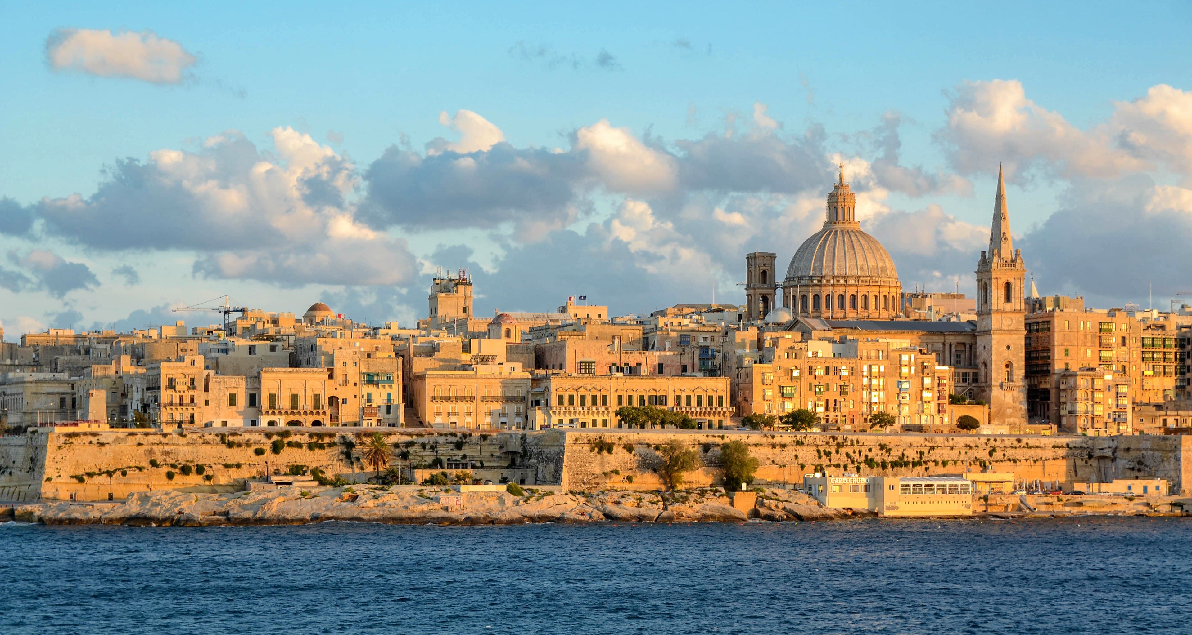 Valletta waterfront and dome in late-afternoon light, Malta