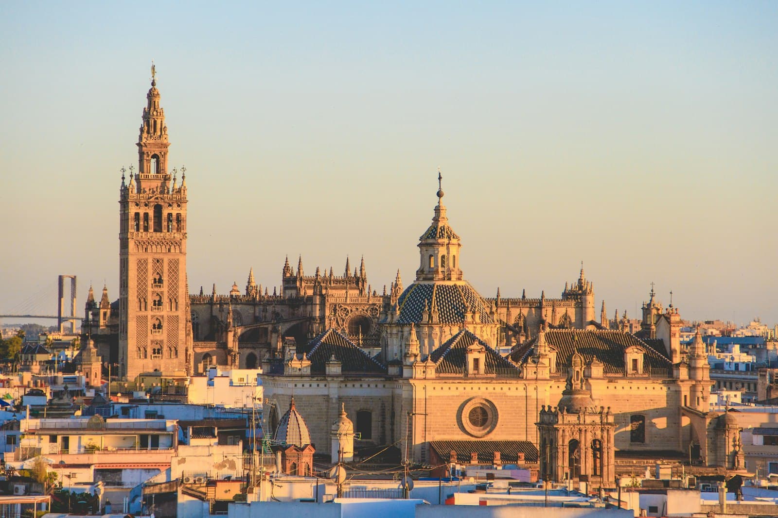 Seville rooftops and cathedral in evening light